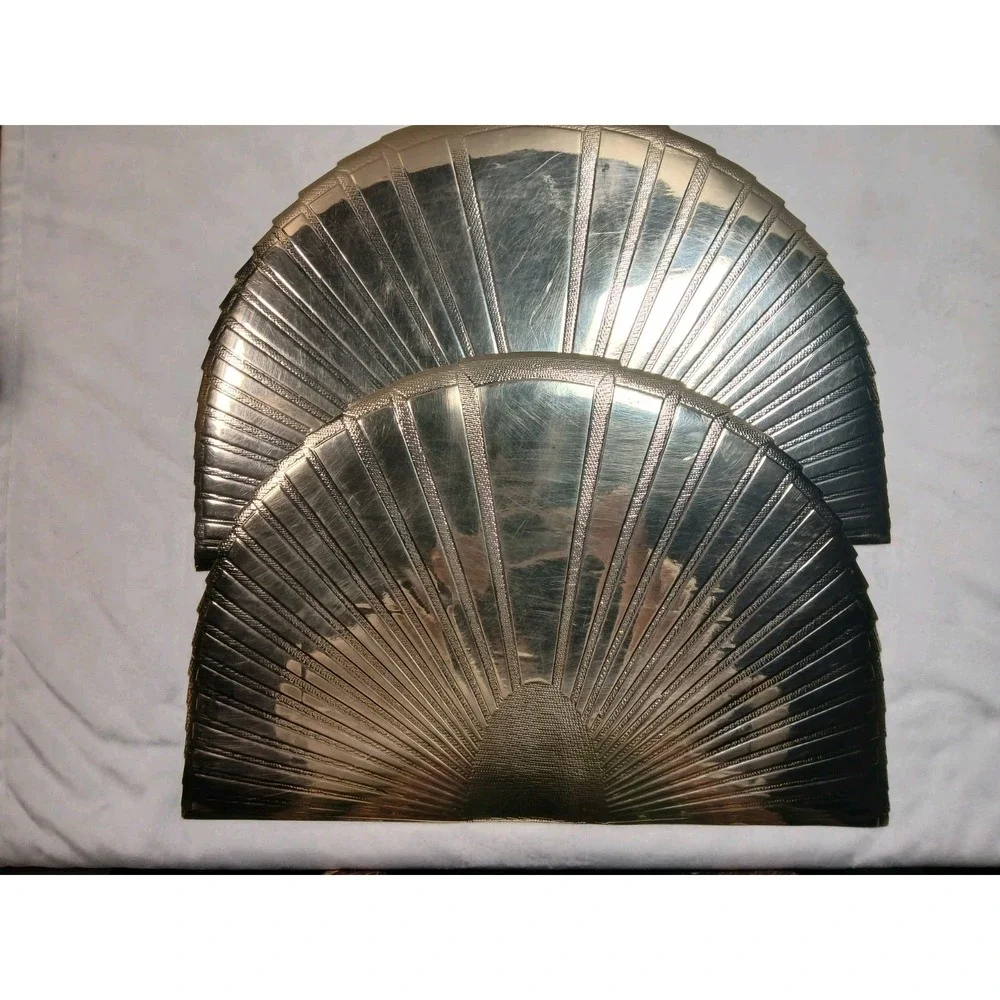 Pair Of  Vintage 1980s Art Deco Revival Gold Fan Placemats Half Sea Shell